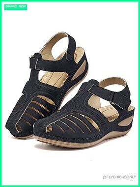 Wedge Sandals Platform Closed Toe Ankle Strap Faux Leather Summer Shoes